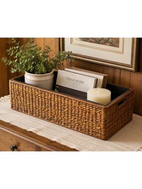 Vintage Woven Water Hyacinth Storage Basket Wood Organizer Bin 22x12x6